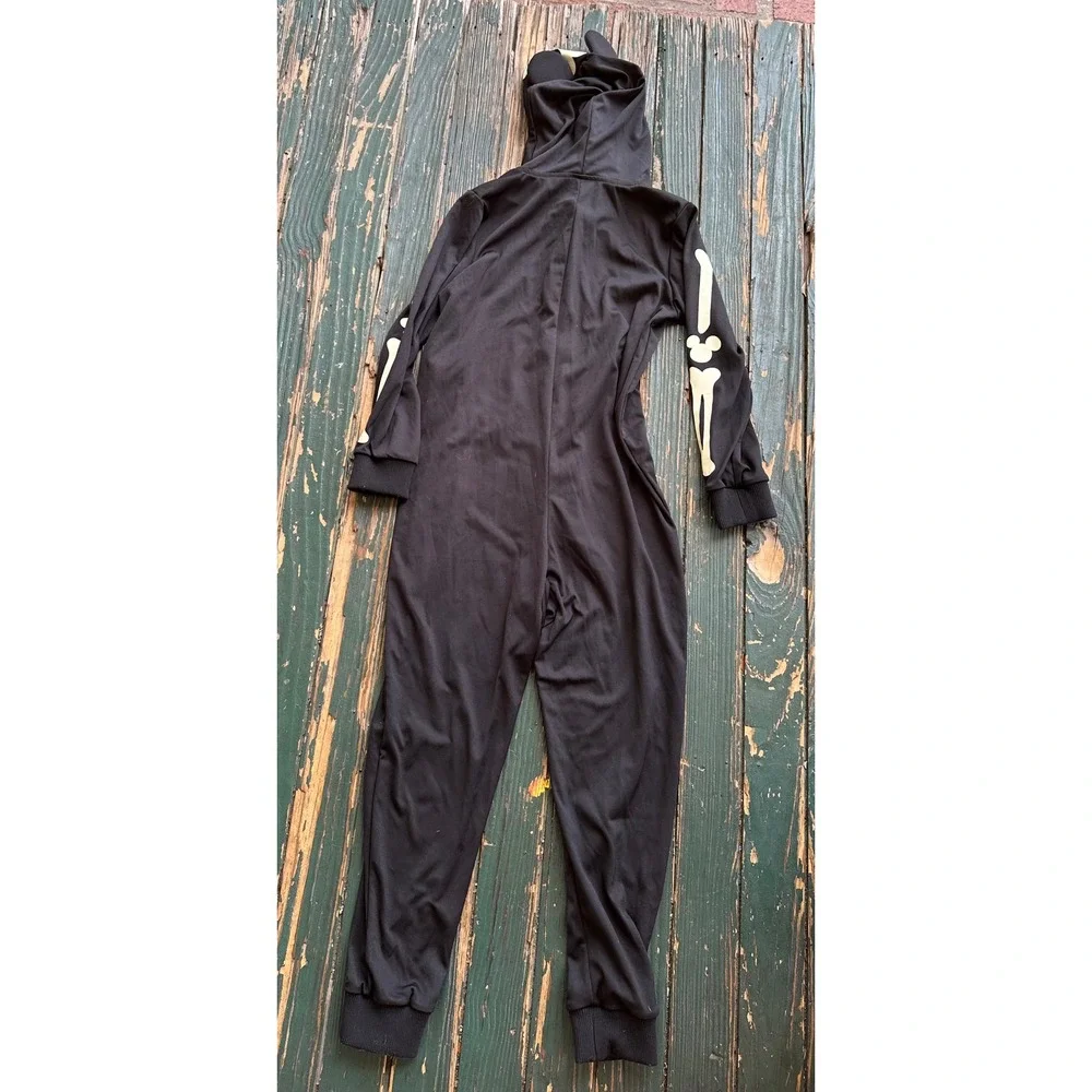 Disney Mickey Mouse Skeleton Costume Kids 9/10 Black Hooded Jumpsuit Pajamas - Picture 5 of 6